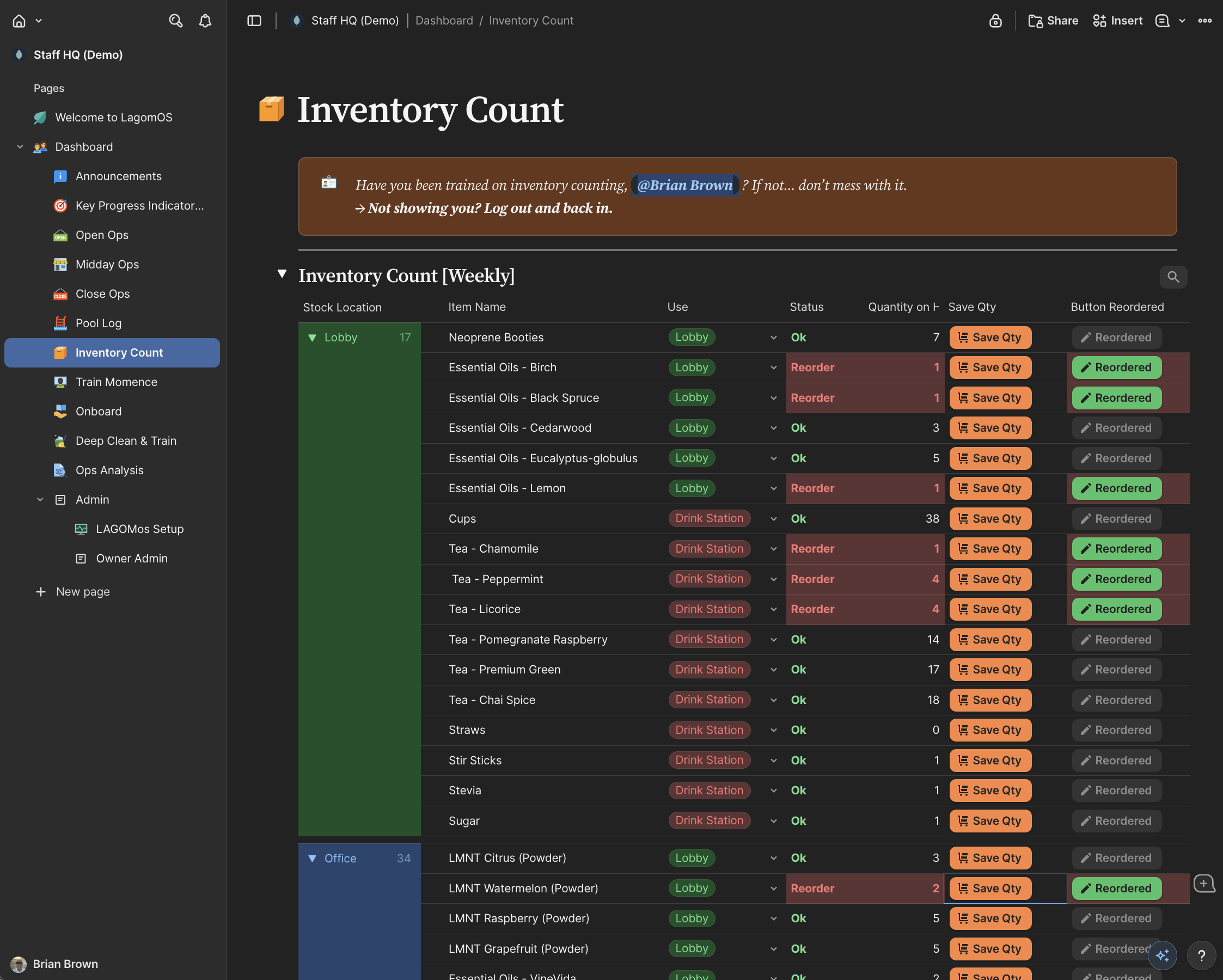 LagomOS Inventory Manage showing par levels, reorder alerts, and status by item