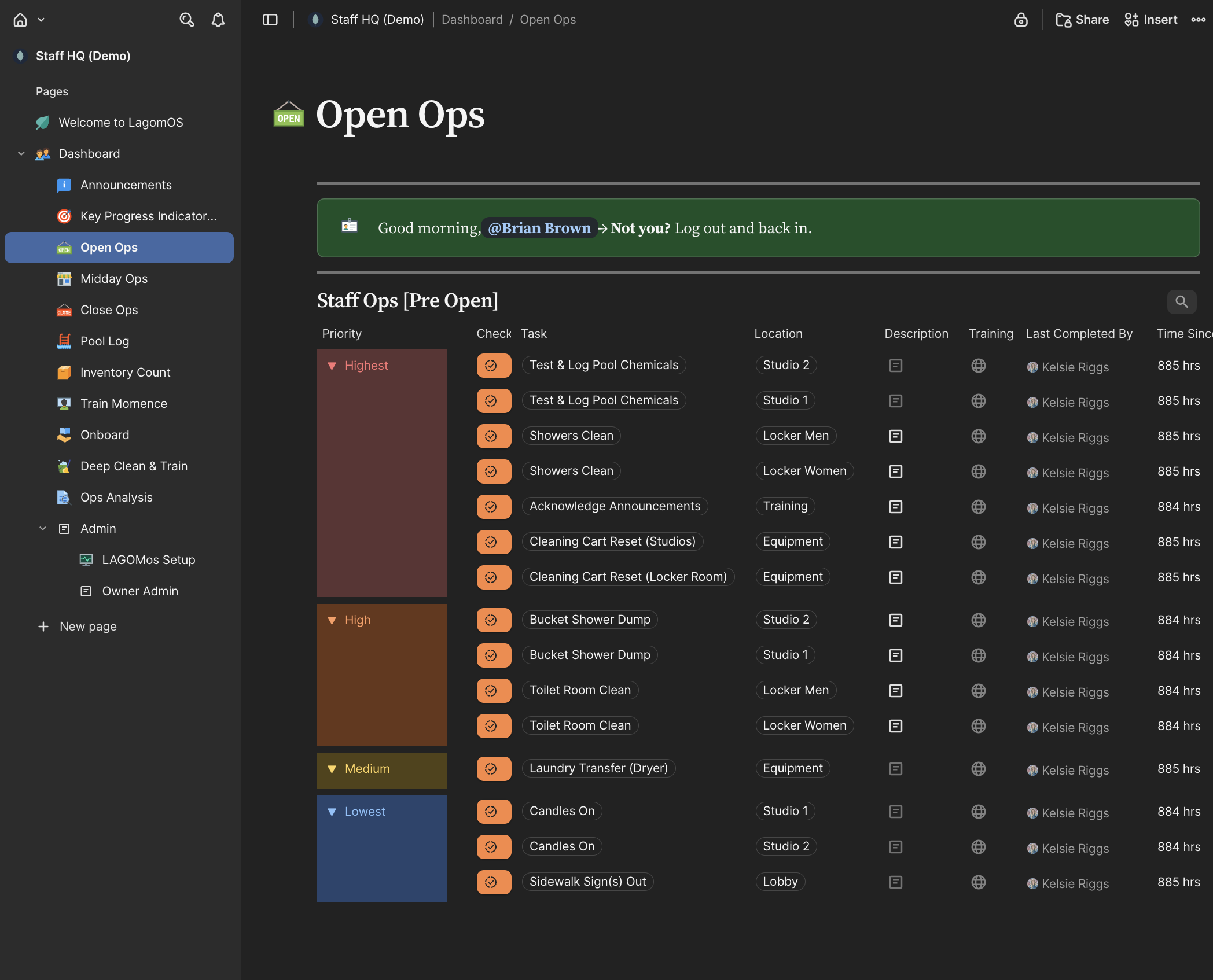LagomOS Open Ops staff checklist showing prioritized daily tasks
